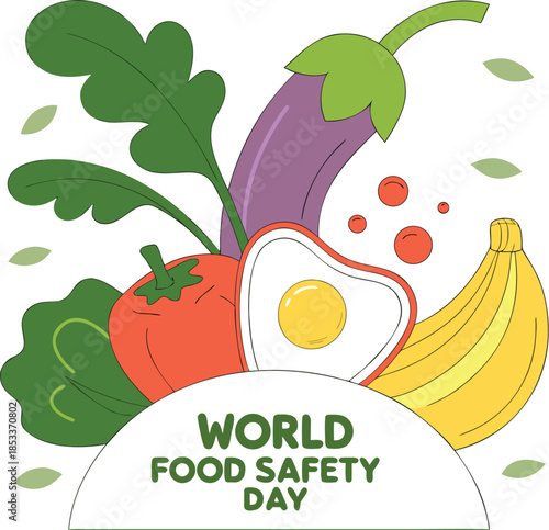 Colorful World Food Safety Day Illustration with Fresh Vegetables and Egg.
