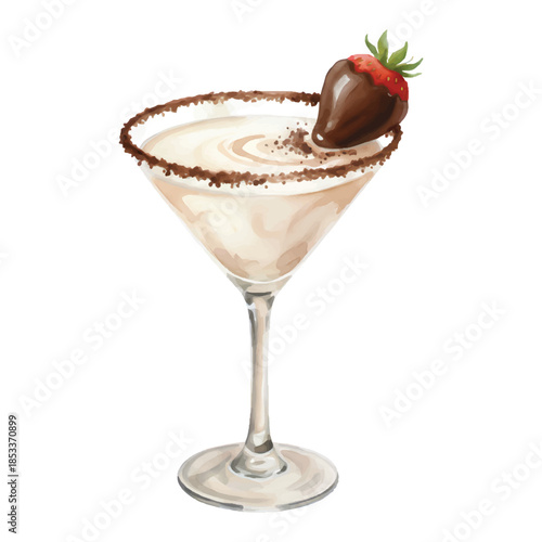 Chocolate Dipped Strawberry Martini Watercolor Cocktail Illustration Isolated on White Background
