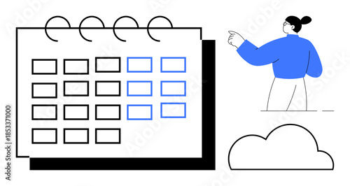 Time management, scheduling, productivity tools, organization, cloud integration, planning. Minimalist calendar, a person pointing and a cloud. Time management and scheduling concept