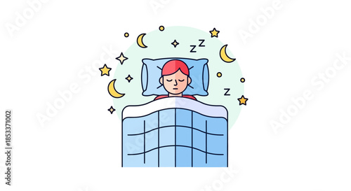 Person sleeping peacefully in bed with stars and moons.