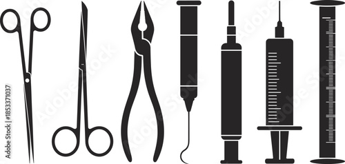 Medical and surgical tool vector illustration, black silhouette instruments including scissors, pliers, syringes, and needle, isolated healthcare and hospital equipment design