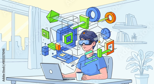 Person wearing VR headset interacting with digital objects.