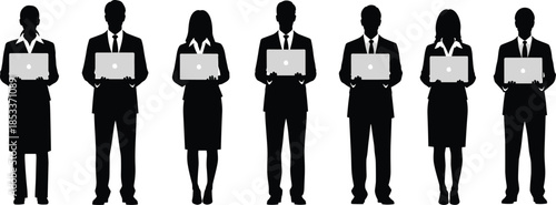 Diverse group of business professionals silhouettes standing in a row holding laptops, formal office team isolated on white background,