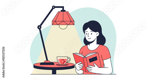 Young Woman Reading a Book Under a Lamp.