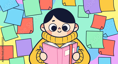 Young person engrossed in reading a book with a pen.