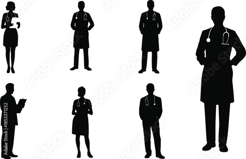 Medical professionals silhouettes set, doctor and nurse vector illustration, healthcare team design, hospital staff concept, medical worker outline isolated on white background
