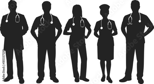 Medical professionals team silhouettes with stethoscopes, doctors and nurses vector illustration, healthcare staff design, hospital teamwork concept, medicine and health service graphic art