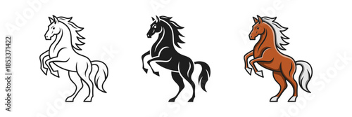 Rearing Horse Set in outline ,solid and flat illustration 
