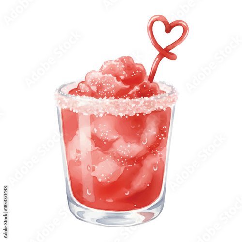 Frozen Strawberry Slushy Watercolor Cocktail Illustration Isolated on White Background
