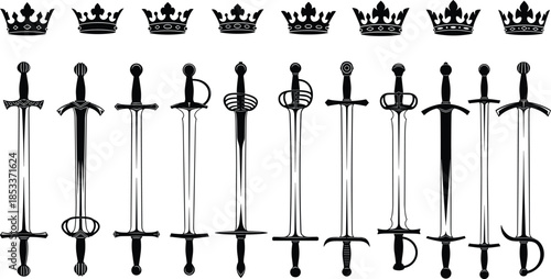 Medieval sword and crown silhouettes set, royal weapons collection, vintage knight blades icons, black vector illustration for heraldry, fantasy, history design