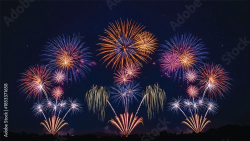 Vibrant fireworks exploding in the night sky with a variety of colorful bursts and streaks against a dark background.