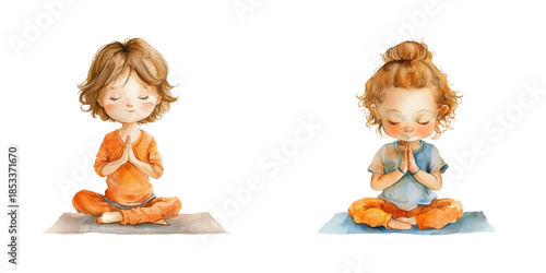 cute kid doing yoga watercolor vector illustration