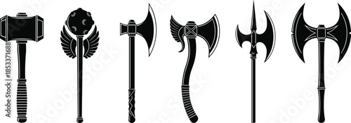 Medieval weapon silhouette set, collection of battle axes, war hammers and maces, fantasy game design elements, ancient armory vector illustration, isolated icons
