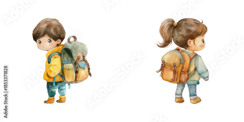 cute kid goes to school watercolor vector illustration