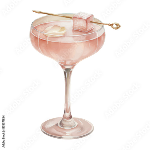 Turkish Delight Cocktail Watercolor Illustration Isolated on White Background
