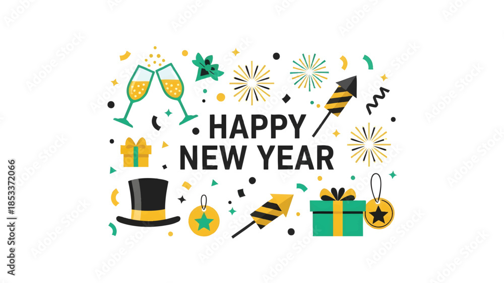 Fototapeta premium Flat lay graphic design of a Happy New Year celebration with confetti, fireworks, and party accessories on a white background.