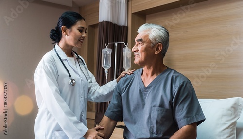 Nurse Caring for Elderly Male Patient in Hospital Room with Iv Drip