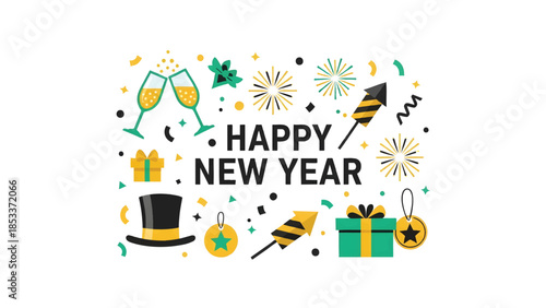 Flat lay graphic design of a Happy New Year celebration with confetti, fireworks, and party accessories on a white background.