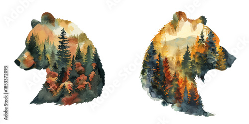 silhouette grizzly with forest scene inside watercolor vector illustration