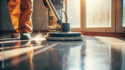 Close up of male using modern vacuum cleaner concept. A worker using a floor polishing machine for a shiny finish.