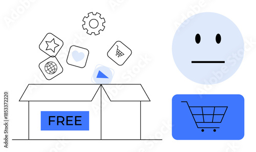 Online shopping, free trial offers, consumer behavior, e-commerce strategies, marketing campaigns, user experience. An open box labeled free, various icons shopping cart and a simple face. Online