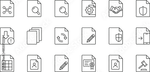 Large collection of black and white line art icons representing business documents including contracts security shield legal gavel search functions and data management files