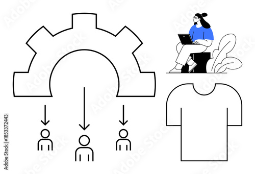 Workflow automation. Gear diagram with arrows showing user connection and task delegation in workflow automation. Workflow design optimizing processes and collaboration. For tech, teamwork, workflow