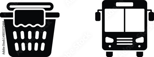 Minimalist black and white icons featuring a laundry basket with clothes and a front view of a public transport bus for domestic and travel themes