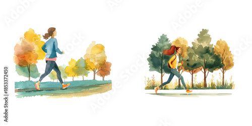 woman jogging in the park watercolor vector illustration