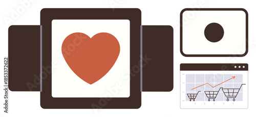 Heart inside frame suggesting customer satisfaction, shopping cart icons showing growth on chart, camera symbol. Ideal for ecommerce, analytics, customer journey, sales growth, market trends, digital
