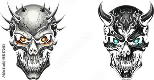 Detailed Artistic Illustration of Two Demonic Skulls with Sharp Horns Spikes Glowing Eyes and Intricate Gothic Designs for Dark Fantasy