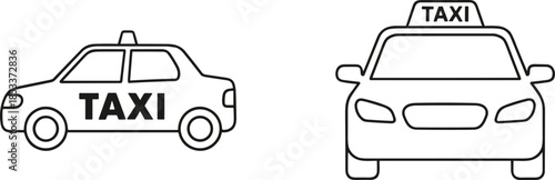 Minimalist black and white line art icons featuring a side view and front view of a public taxi cab for transportation and urban travel