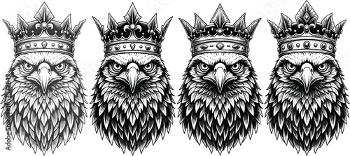 Detailed Black and White Illustration of Four Majestic Eagle Heads Wearing Royal Crowns Isolated on White Background for Creative Design.b