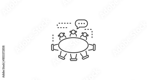 Business meeting with colleagues discussing ideas around a large oval table from a top down perspective in a minimalist style