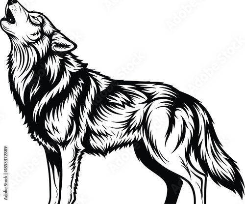 Detailed Black and White Vector Illustration of a Majestic Wolf Howling at the Moon for Nature Wildlife and Wilderness Design