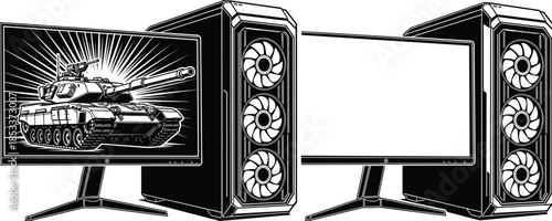 Detailed Black and White Vector Illustration of Two High Performance Desktop Gaming Computers with Large Monitors and One Tank Game