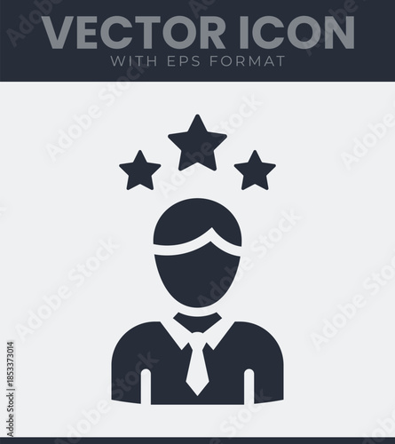 Icon of a professional person with three stars above their head. Top quality, excellent service and customer satisfaction. Vector illustration