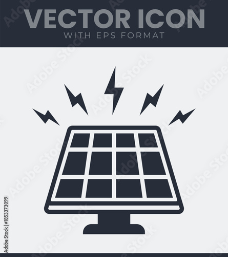 Solar panel icon generating clean electricity with lightning bolts. Renewable and sustainable power technology. Vector illustration