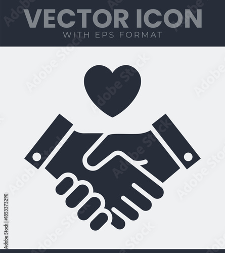 Professional handshake with a heart icon. Symbolizing partnership, agreement, trust and community support in a flat design style. Vector illustration