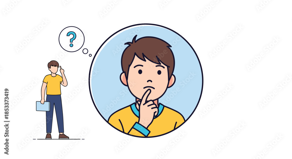 Naklejka premium Young boy character with thoughtful expression and question mark bubble contemplating ideas or solving problems in flat style.