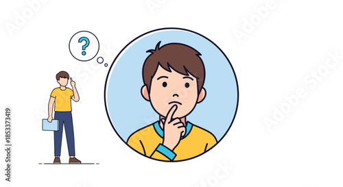 Young boy character with thoughtful expression and question mark bubble contemplating ideas or solving problems in flat style.