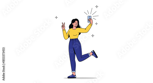 Happy young woman taking selfie with smartphone making peace sign gesture with star decorative elements in flat design.