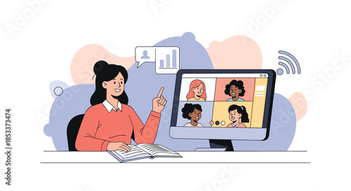 Business woman leading online video conference meeting with diverse team on desktop computer for remote work collaboration.