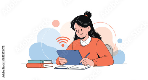 Young student girl studying at desk with books and tablet using high speed wireless internet connection for online learning.
