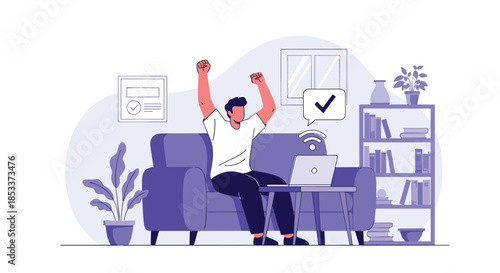 Excited man celebrating successful project completion on laptop sitting on sofa at home with checklist and trophy icons.