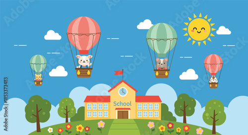 Adorable animals flying in hot air balloons over sunny school building for educational back to school and nursery theme.