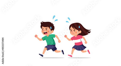 Determined boy and girl running fast together with sweat drops for concept of sports activity competition and healthy life.