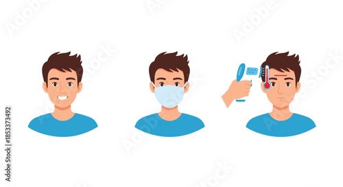 Sequence showing health prevention steps including wearing face mask and temperature check for public safety during pandemic.