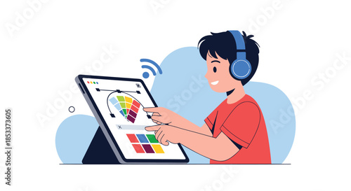 Boy wearing blue headphones uses a digital tablet for creative graphic design with a color palette, illustrating modern learning.