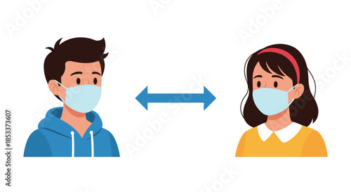 Man and woman wearing protective medical masks with a double-sided arrow between them to illustrate social distancing guidelines.